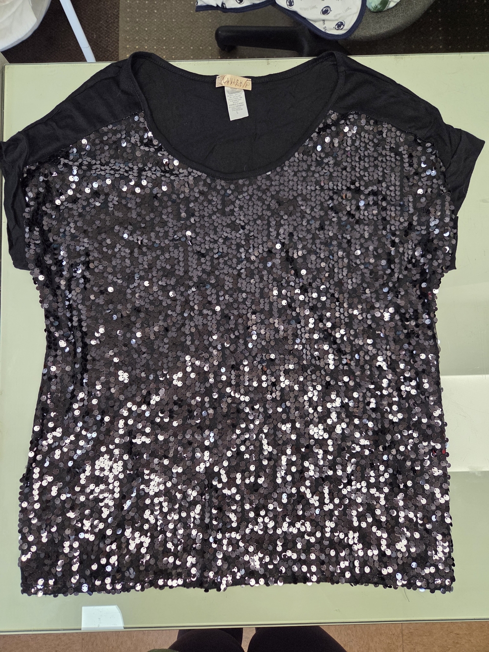 Lavish Black Sequin Scoop Neck Short Sleeve Tee